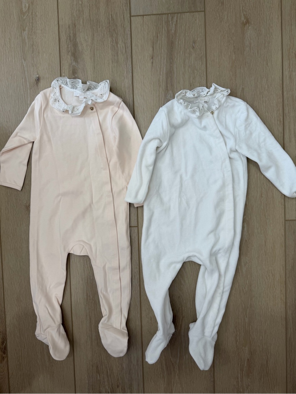 Chloe Pink and White Lace-Collar Footed One-Pieces
